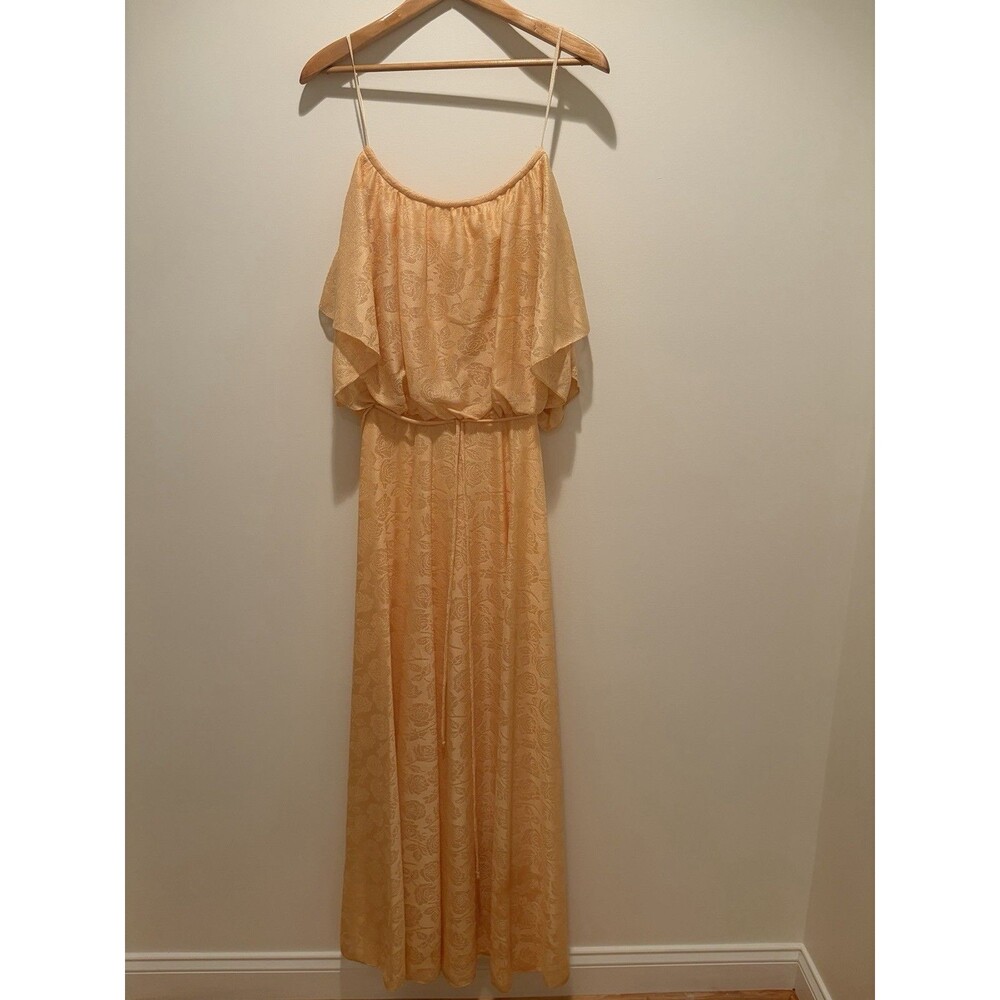 Vtg 70s-80’s Gold Rose Overlay Blouson Maxi Dress Floral Prairie Romantic